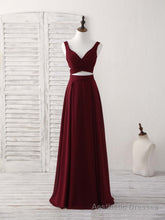 Burgundy Two Pieces Chiffon Long Prom Dress, Evening Dress